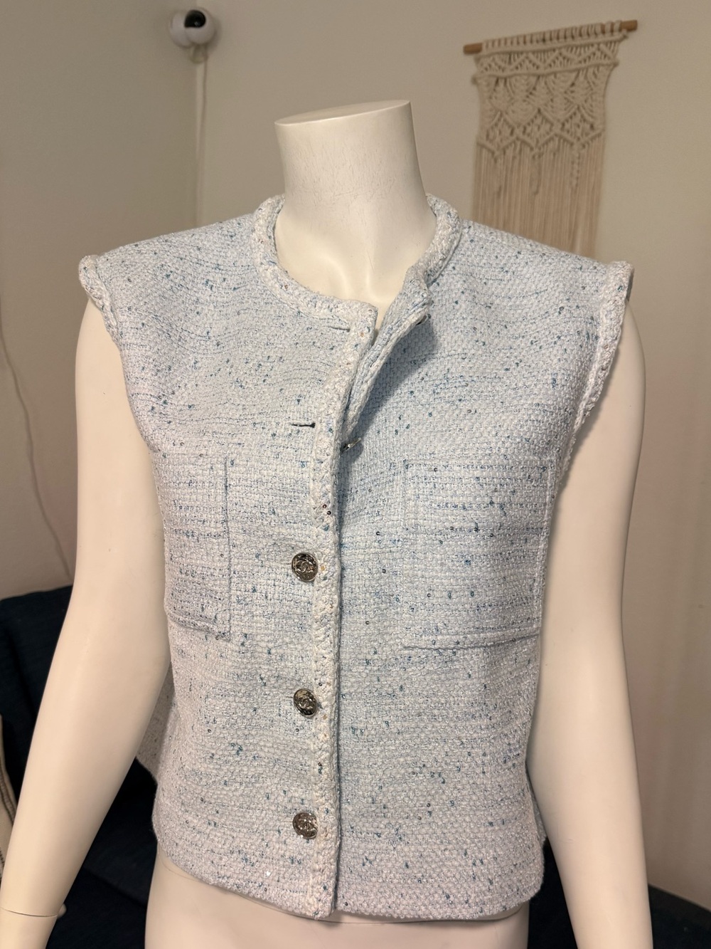 Sleeveless Tweed Button-Front Vest Jacket - Light Blue with CC logo buttons